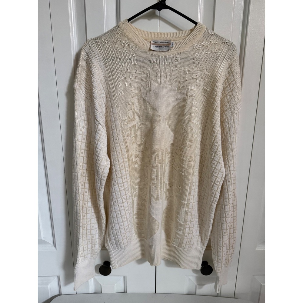 Vintage Tempo Europa London Fog Mens XL Cream Textured Geometric Sweater USA